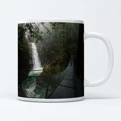 Suspension Bridge Waterfall Misty Forest Scene