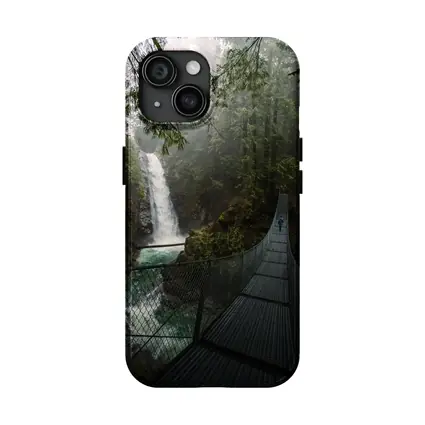 Suspension Bridge Waterfall Misty Forest Scene