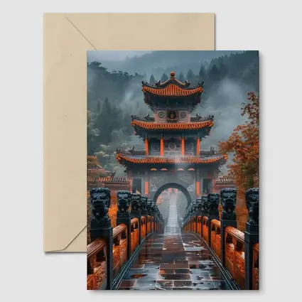 Chinese Temple Gate Misty Mountain Forest
