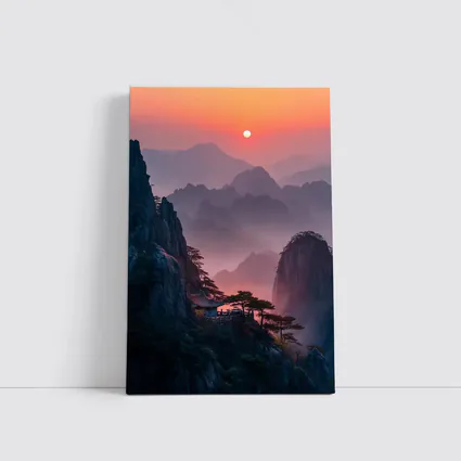 Huangshan Mountains Misty Sunset Cliffside Pavilion