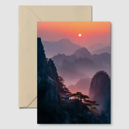 Huangshan Mountains Misty Sunset Cliffside Pavilion