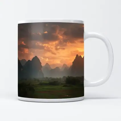 Guilin Karst Mountains Sunset Misty Valley