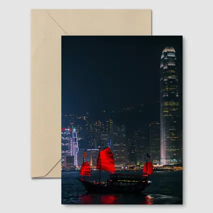 Red Junk Boat Hong Kong Night Skyline