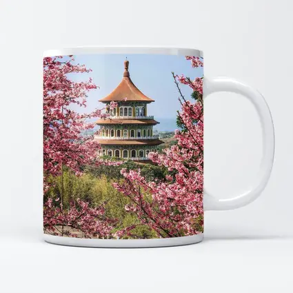 Chinese Pagoda Tower Pink Cherry Blossoms