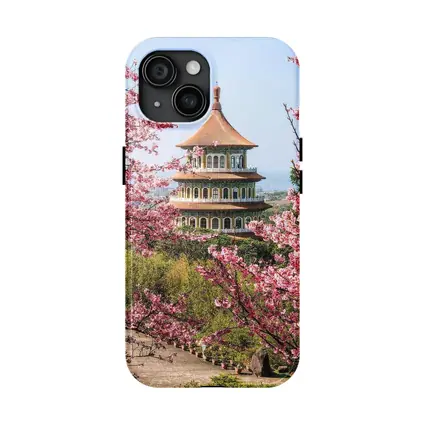 Chinese Pagoda Tower Pink Cherry Blossoms