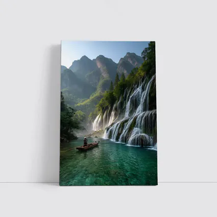 Waterfall Cascade Mountain River Boat Scene