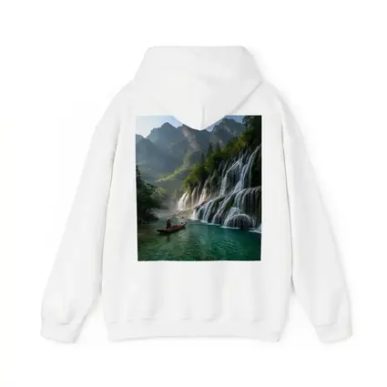 Waterfall Cascade Mountain River Boat Scene