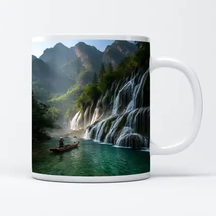 Waterfall Cascade Mountain River Boat Scene