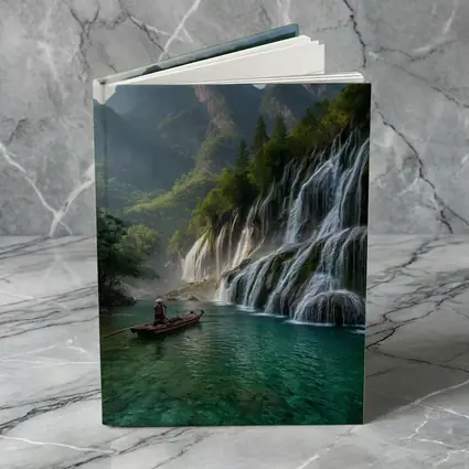 Waterfall Cascade Mountain River Boat Scene