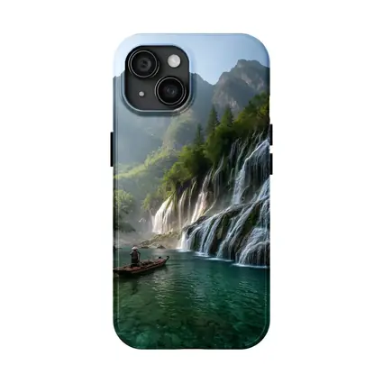 Waterfall Cascade Mountain River Boat Scene