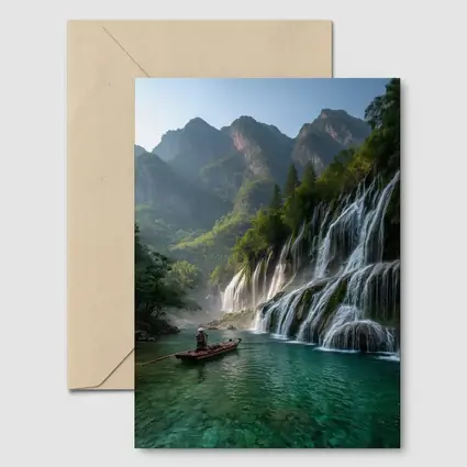 Waterfall Cascade Mountain River Boat Scene