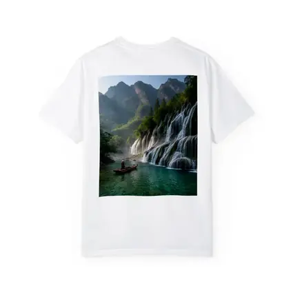 Waterfall Cascade Mountain River Boat Scene