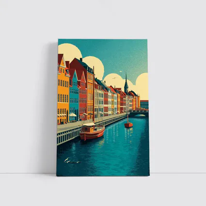 Copenhagen Nyhavn Canal Colorful Buildings Retro Art