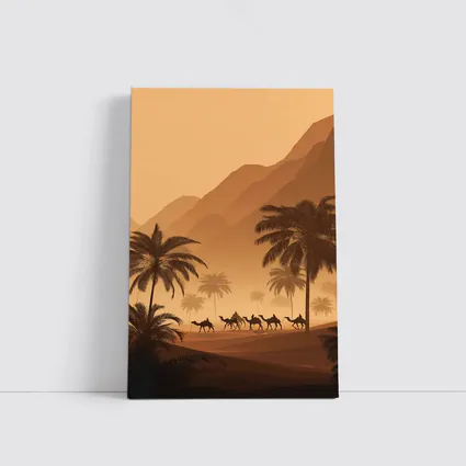 Camel Caravan Desert Palm Trees Mountains