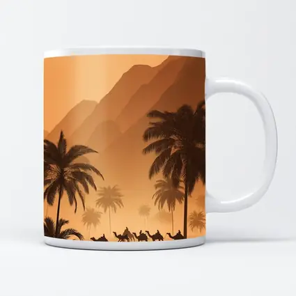 Camel Caravan Desert Palm Trees Mountains