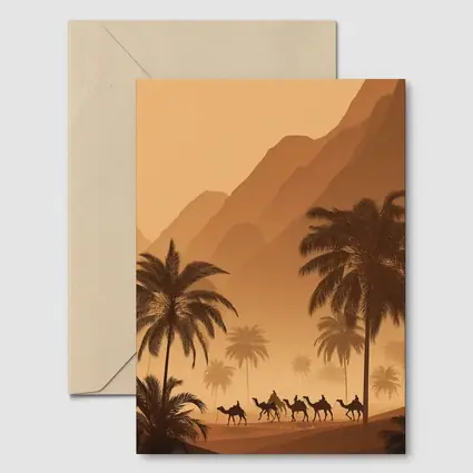 Camel Caravan Desert Palm Trees Mountains