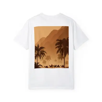 Camel Caravan Desert Palm Trees Mountains