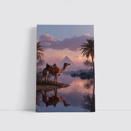 Camel by Nile River Egyptian Pyramids Sunset