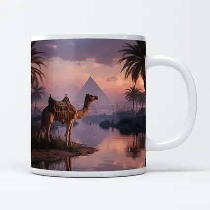 Camel by Nile River Egyptian Pyramids Sunset