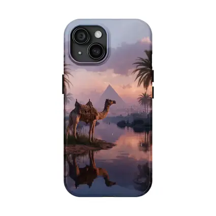 Camel by Nile River Egyptian Pyramids Sunset