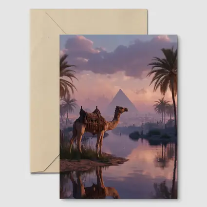 Camel by Nile River Egyptian Pyramids Sunset
