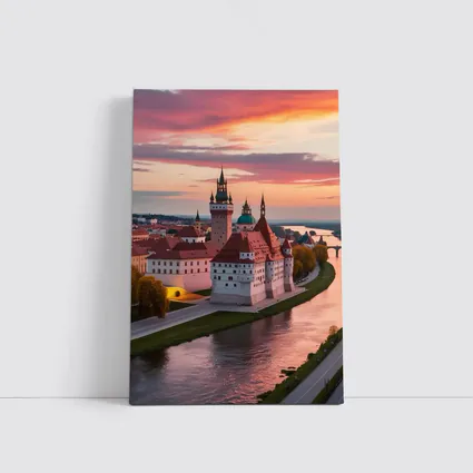 European Castle River Sunset Pink Sky
