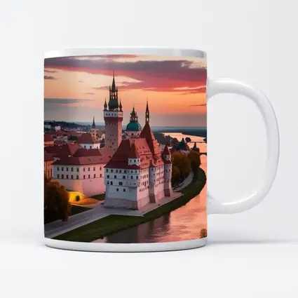 European Castle River Sunset Pink Sky