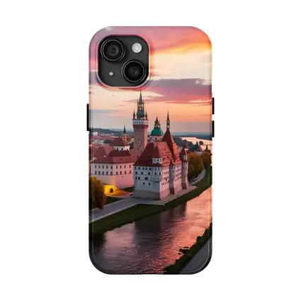 European Castle River Sunset Pink Sky