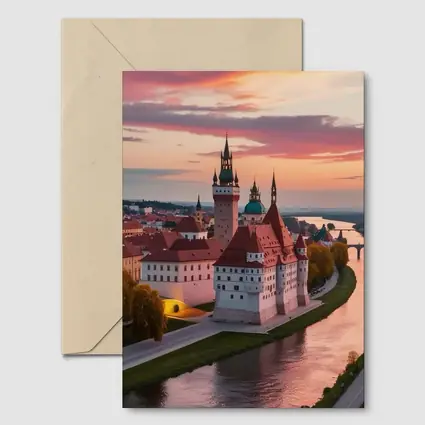 European Castle River Sunset Pink Sky