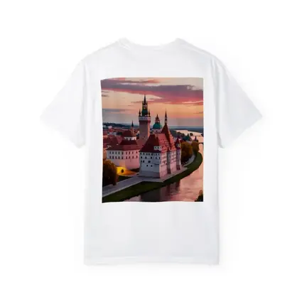 European Castle River Sunset Pink Sky