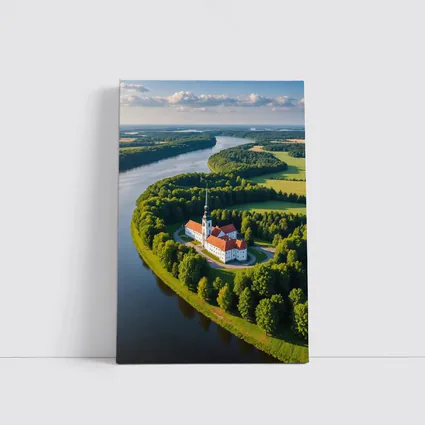 Aerial Church on River Bend Green Landscape