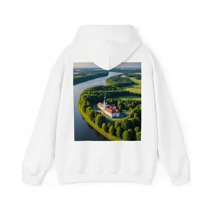 Aerial Church on River Bend Green Landscape
