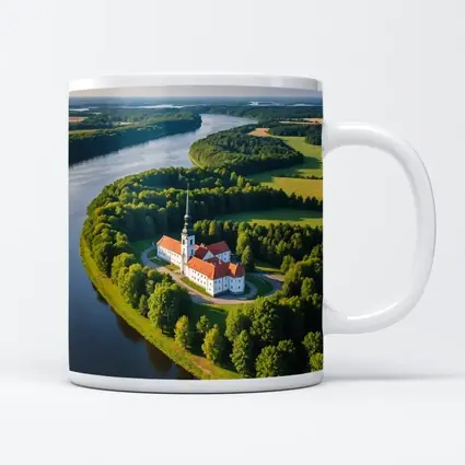 Aerial Church on River Bend Green Landscape