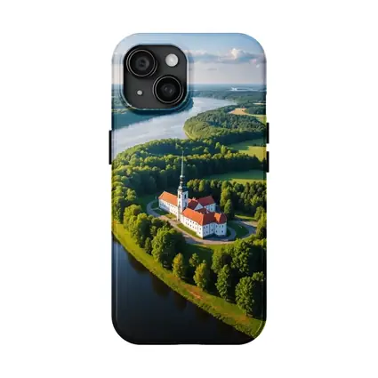 Aerial Church on River Bend Green Landscape