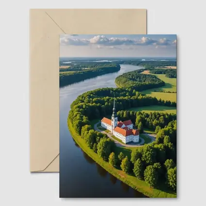 Aerial Church on River Bend Green Landscape