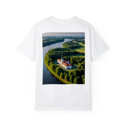 Aerial Church on River Bend Green Landscape