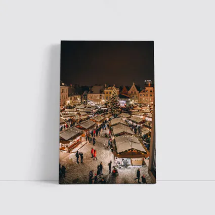 Christmas Market Square Glowing Night Aerial