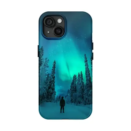 Person Standing Under Northern Lights Winter Forest