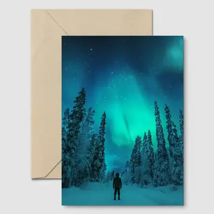 Person Standing Under Northern Lights Winter Forest