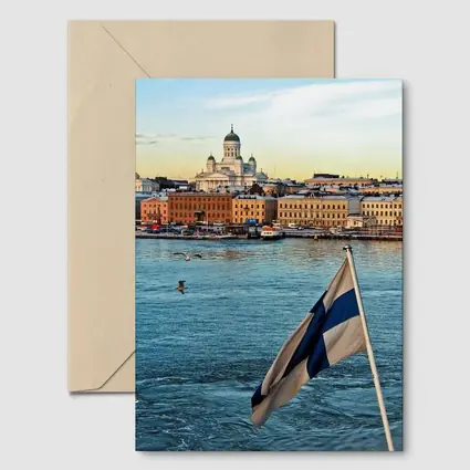 Helsinki Cathedral Finland Flag Harbor View