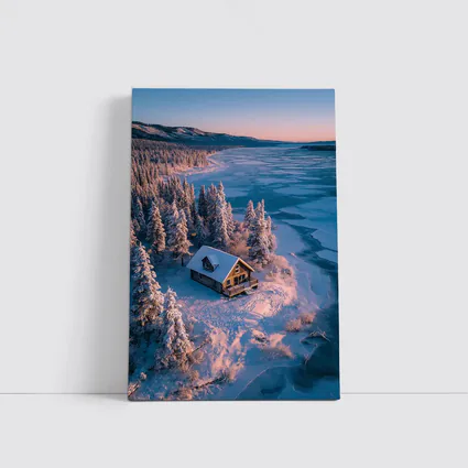 Lone Cabin Snow Covered Frozen Lake Winter