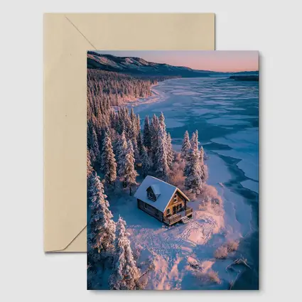 Lone Cabin Snow Covered Frozen Lake Winter