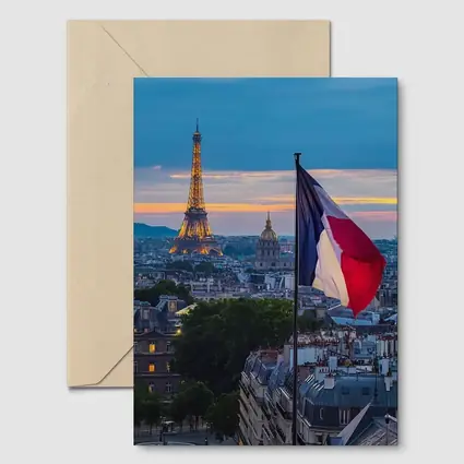 Eiffel Tower Paris Skyline French Flag Sunset