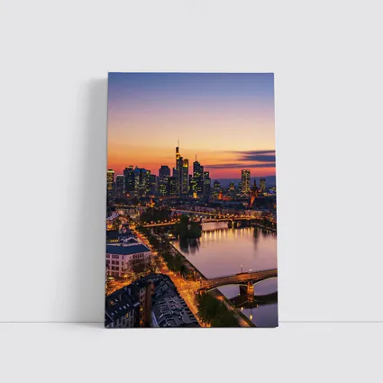 Frankfurt Skyline At Sunset Over River