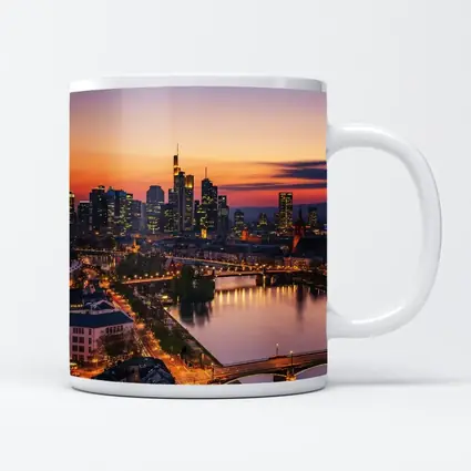 Frankfurt Skyline At Sunset Over River