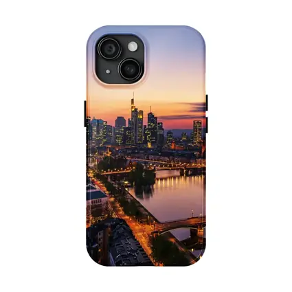 Frankfurt Skyline At Sunset Over River