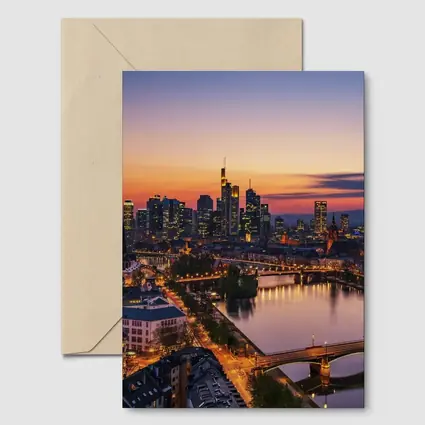 Frankfurt Skyline At Sunset Over River