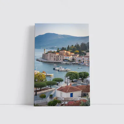 Greek Coastal Town Harbor With Mountain View