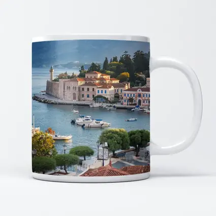 Greek Coastal Town Harbor With Mountain View