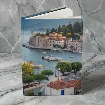 Greek Coastal Town Harbor With Mountain View